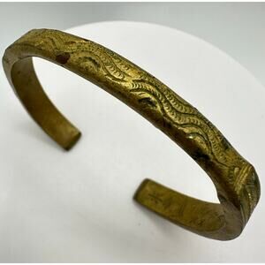 Antique African handmade symbolic gold tone copper brass alloy cuff bracelet
